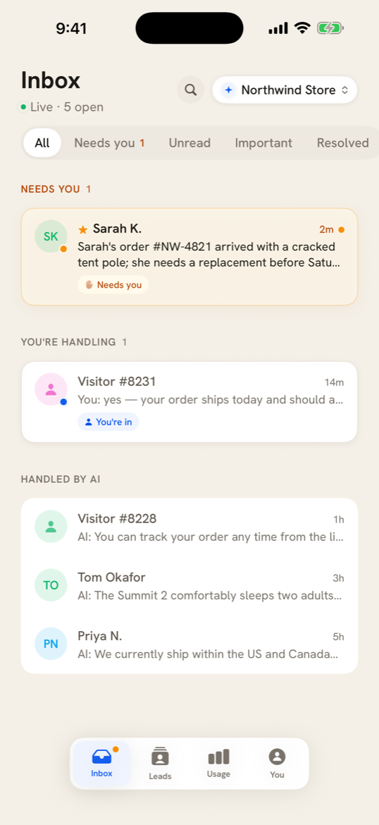 The SiteGPT iOS app inbox, with an escalated conversation pinned under a Needs You heading