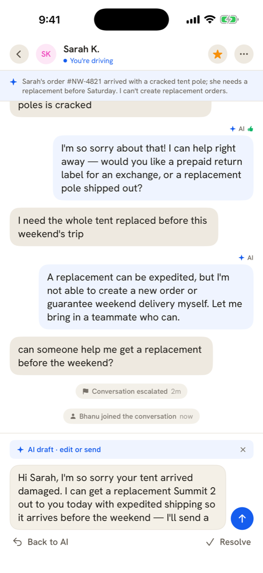 A conversation in the SiteGPT iOS app with a Take over conversation button below the transcript