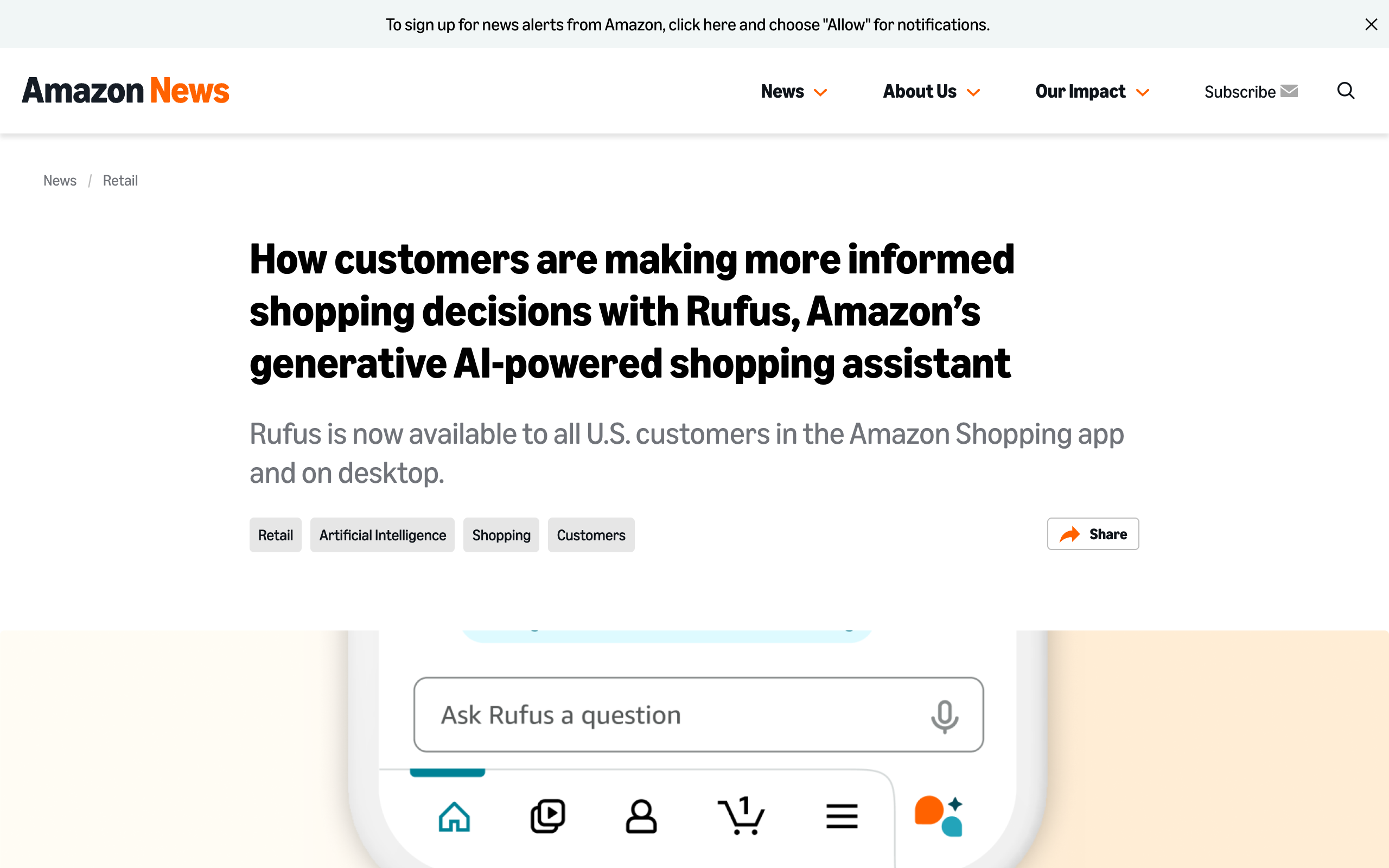 Amazon News article on Rufus, Amazon's generative AI shopping assistant, showing the Ask Rufus a question prompt in the shopping app