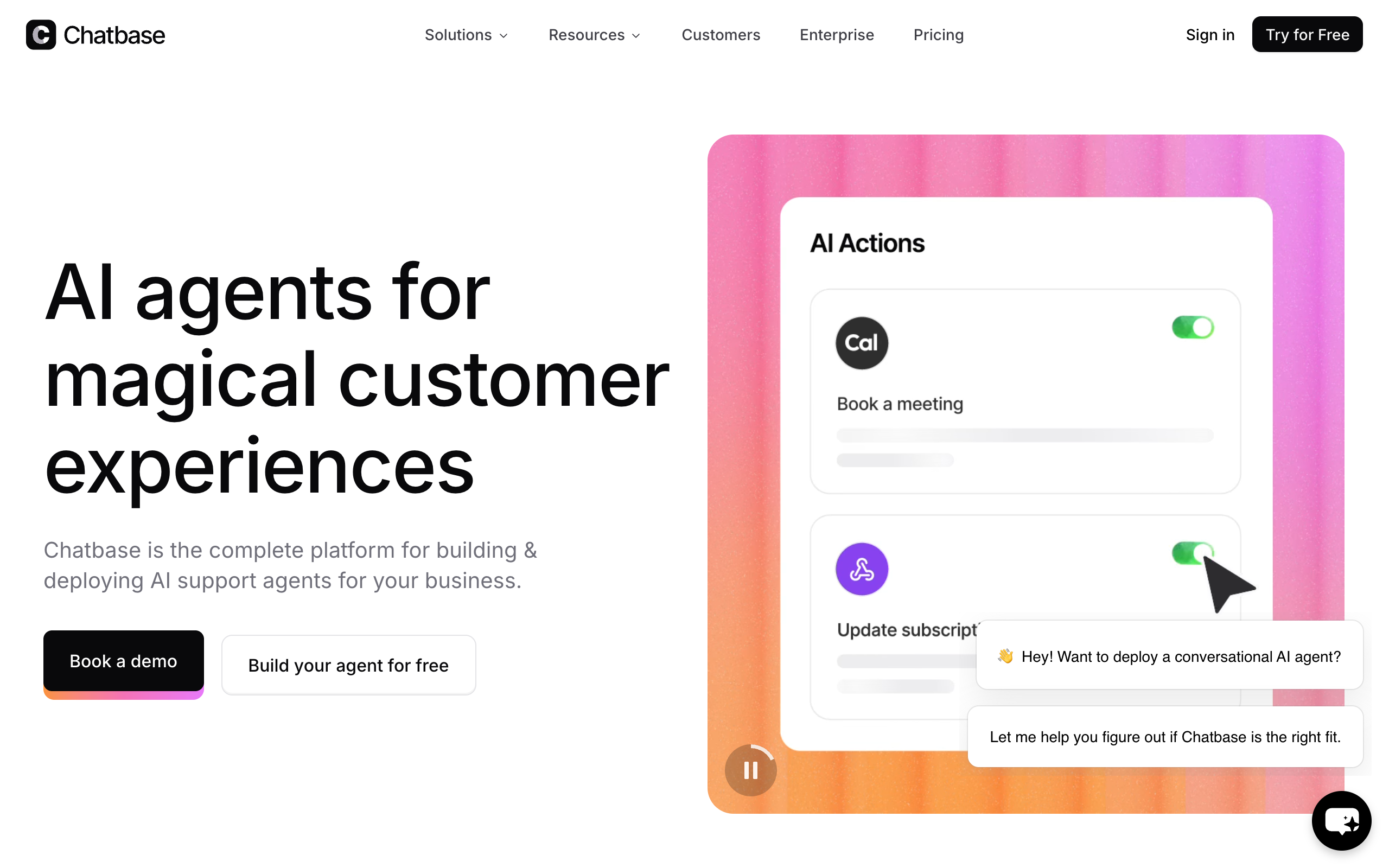 Chatbase homepage: AI agents for magical customer experiences
