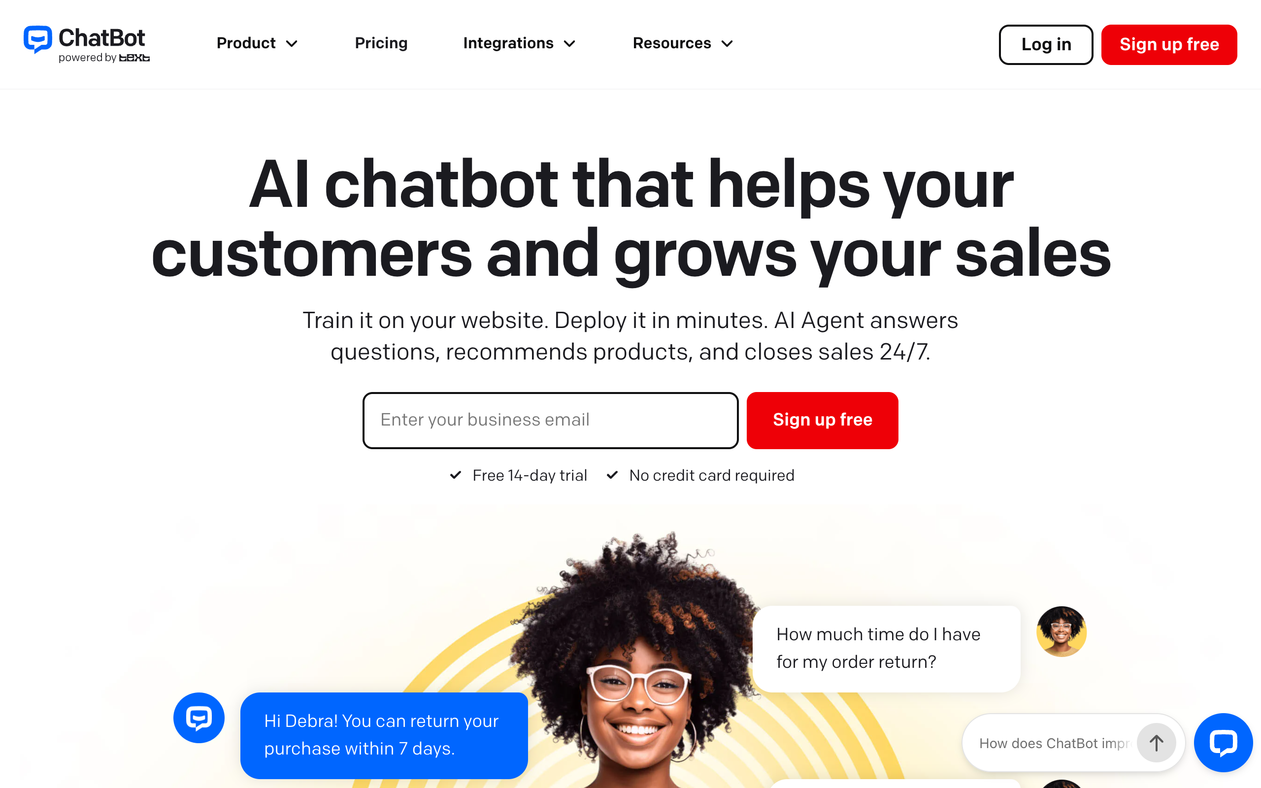 ChatBot.com homepage showing the headline AI chatbot that helps your customers and grows your sales, with a 14-day free trial and a sample chat answering an order return question