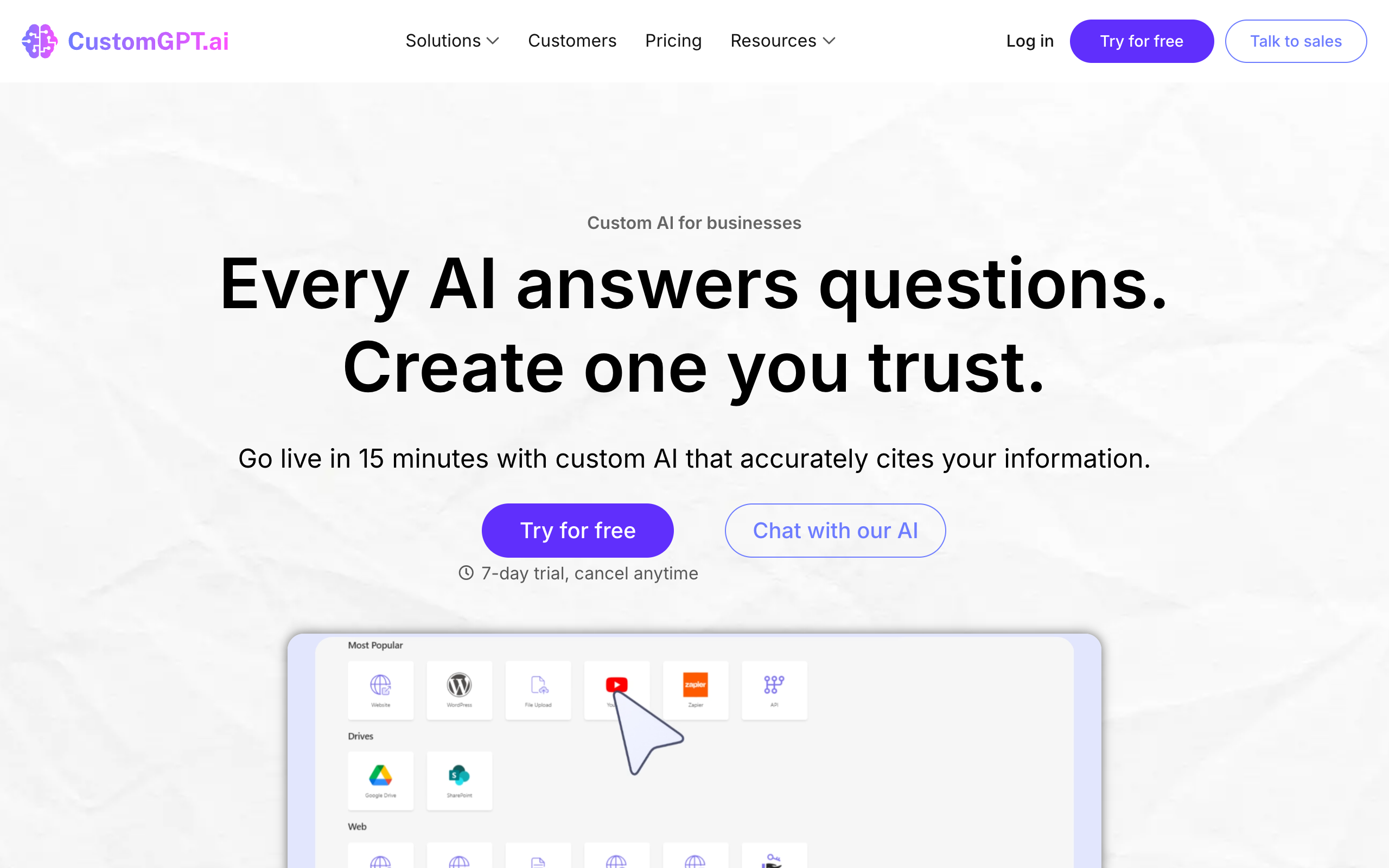 The CustomGPT.ai homepage, showing its no-code AI agent builder and anti-hallucination positioning