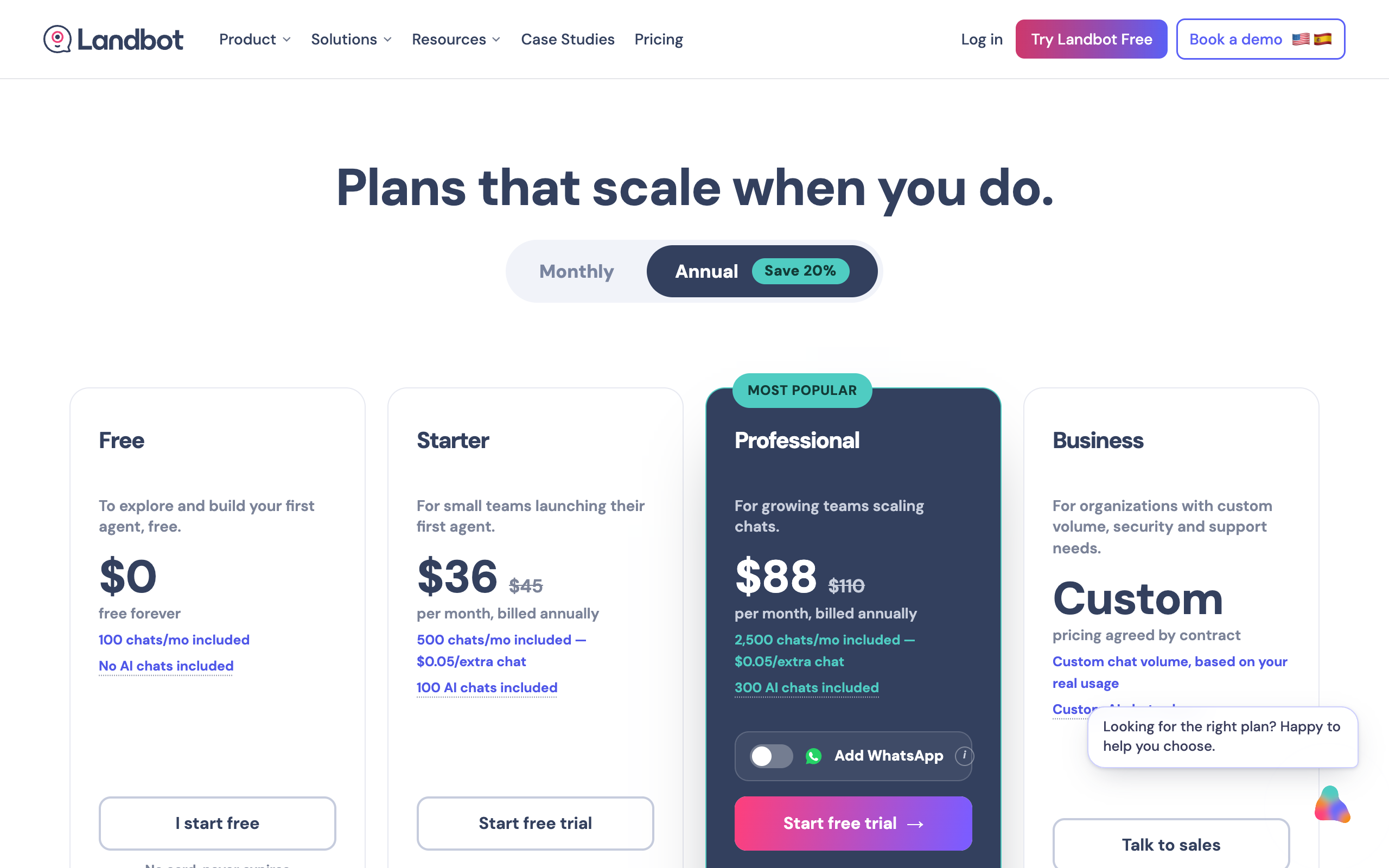 Landbot homepage presenting its no-code chatbot builder