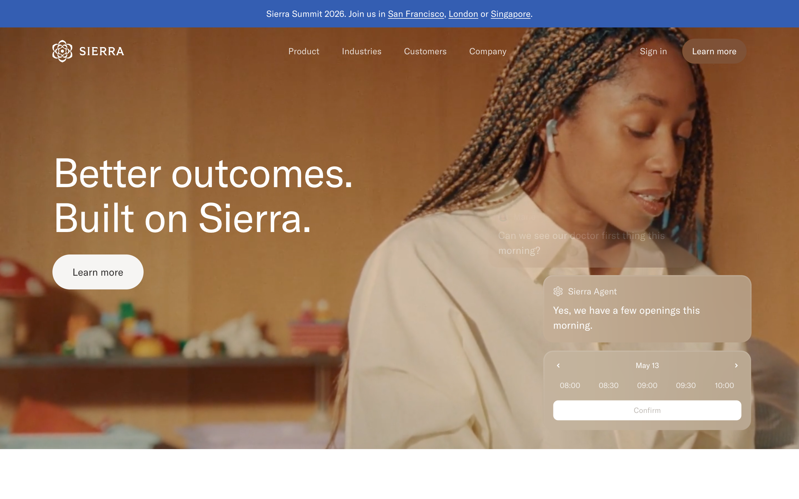 Sierra homepage with the headline Better outcomes. Built on Sierra. and a Learn more button