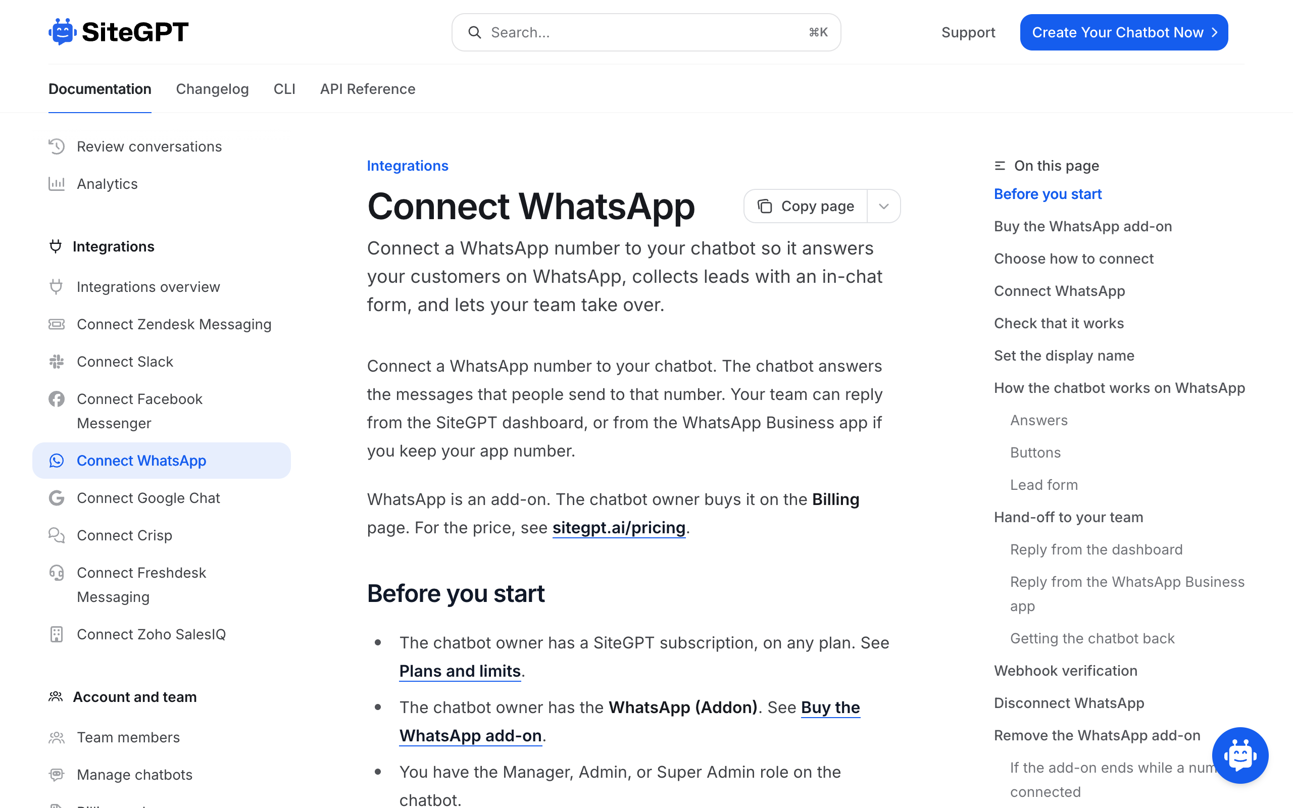 The Connect WhatsApp page in the SiteGPT documentation, listing the steps to buy the add-on, choose how to connect, and check that it works