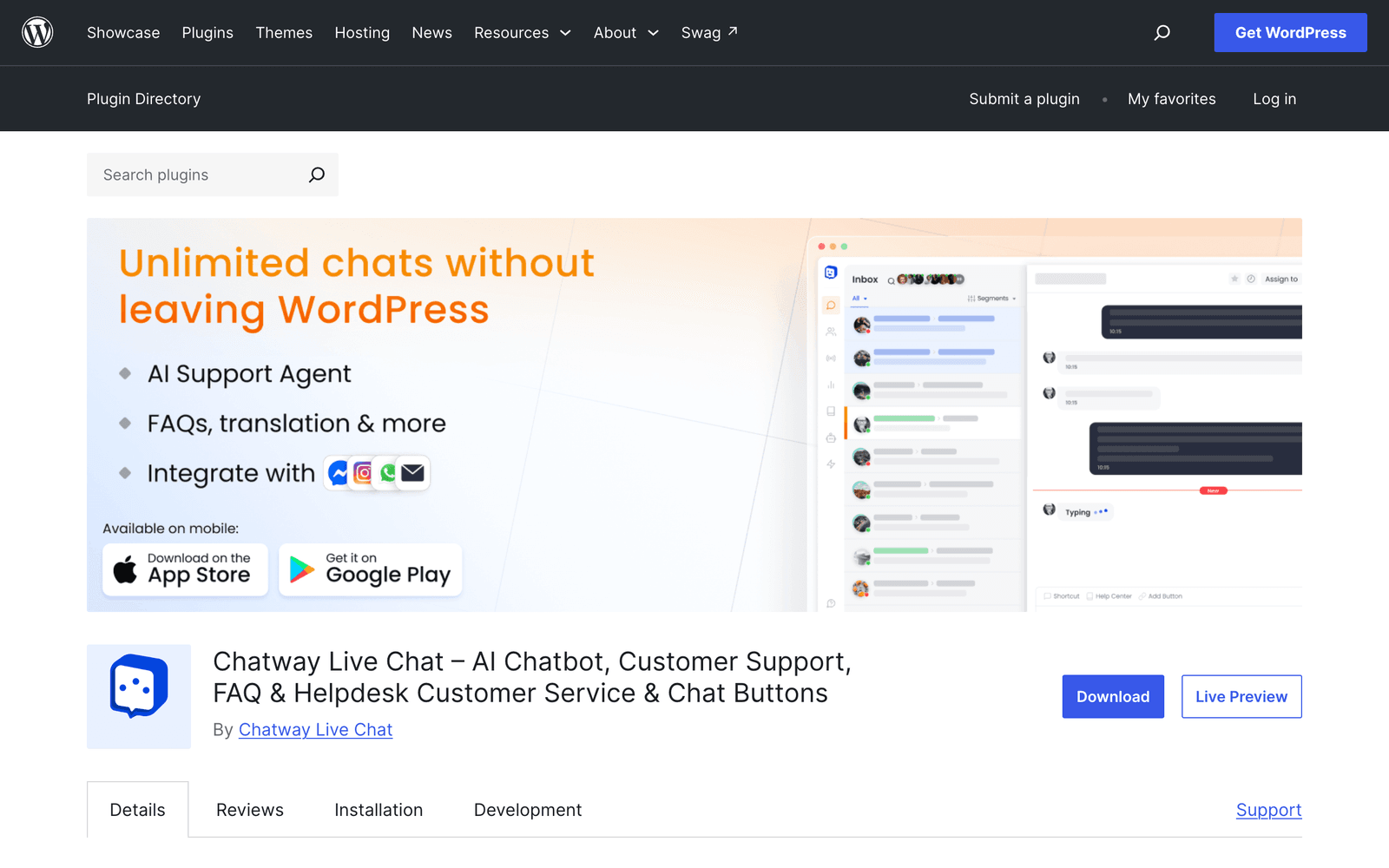 The Chatway Live Chat plugin page on WordPress.org, showing 30,000+ active installations and a high review score