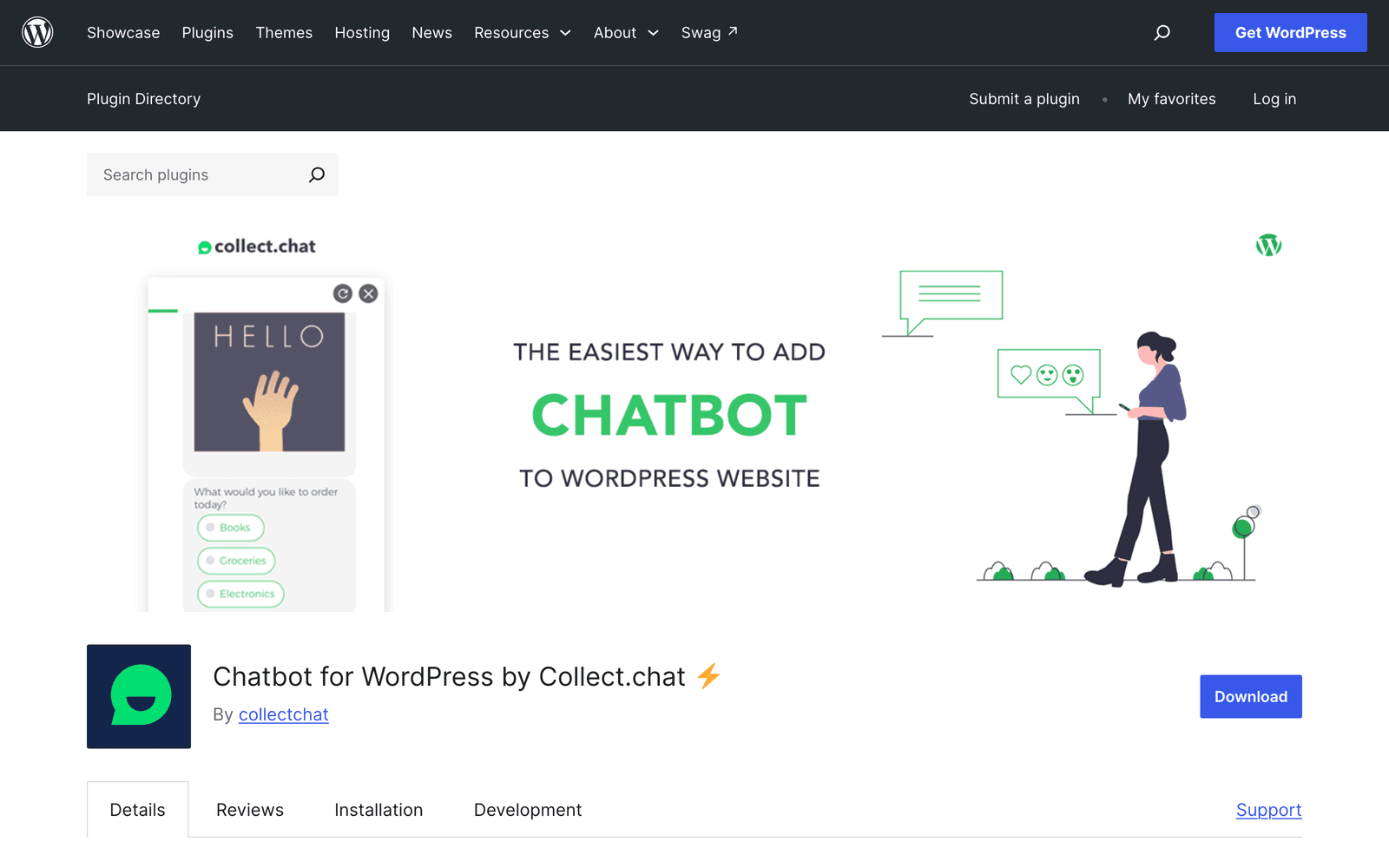 The Collect.chat plugin page on WordPress.org, showing 6,000+ active installations and testing against WordPress 7.0.4