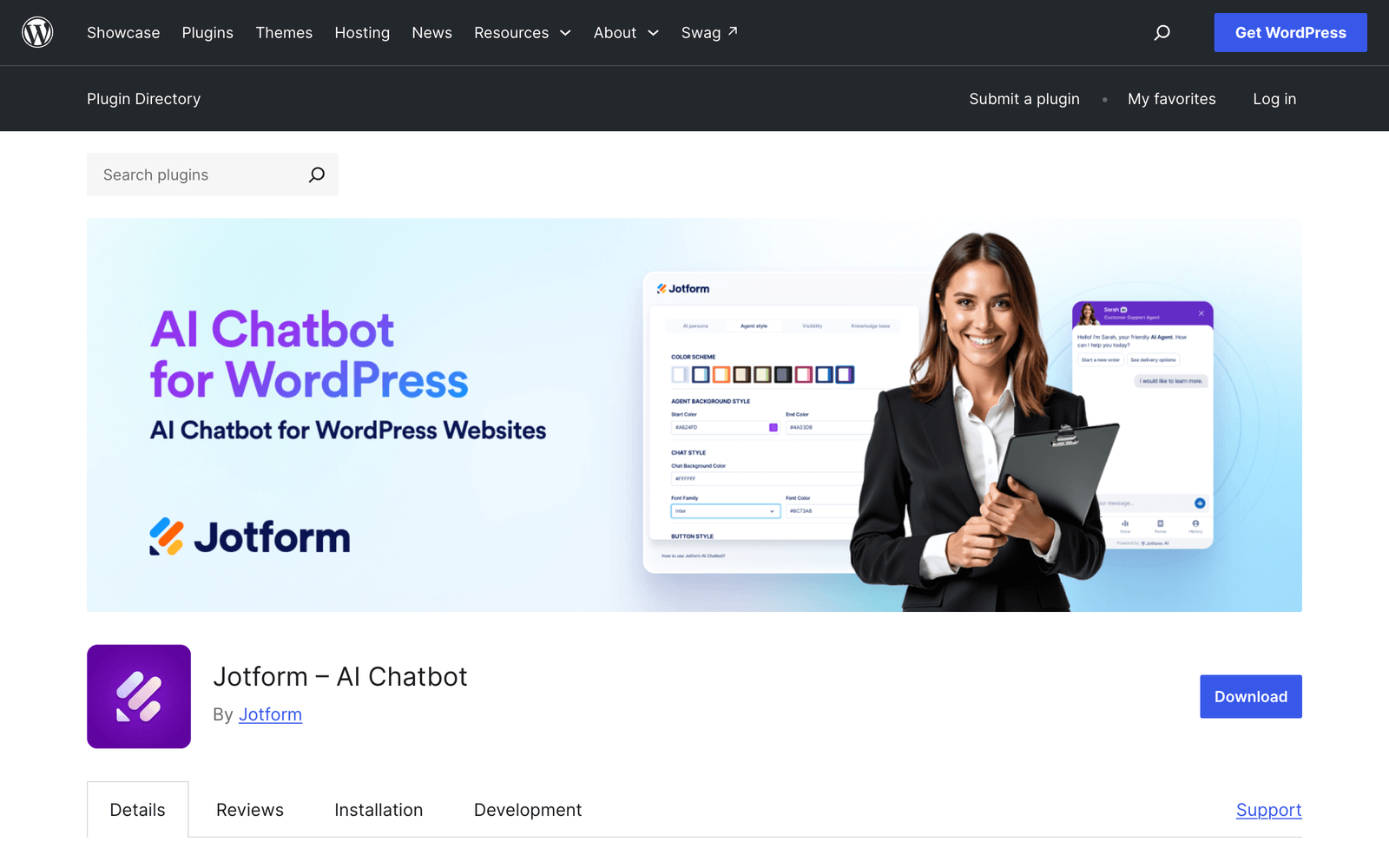 The Jotform AI Chatbot plugin page on WordPress.org, showing 5,000+ active installations and testing against WordPress 7.1