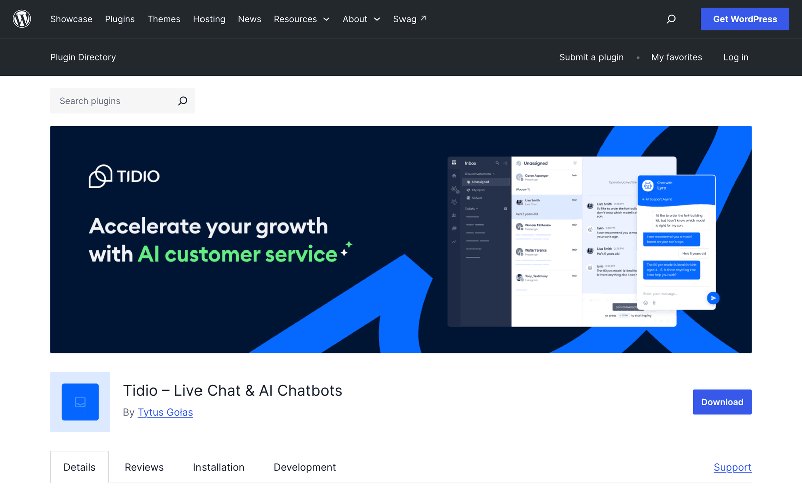 The Tidio Live Chat and AI Chatbots plugin page on WordPress.org, showing 70,000+ active installations
